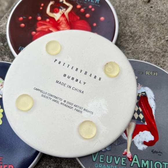 Four colorful Pottery barn ceramic coasters, French champagne theme, - Picture 6 of 6